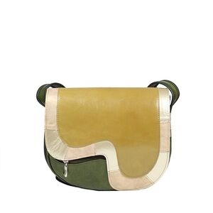 Słoń Torbalski Patchwork Leather Saddle Bag in Taupe & Mustard | EU Designer